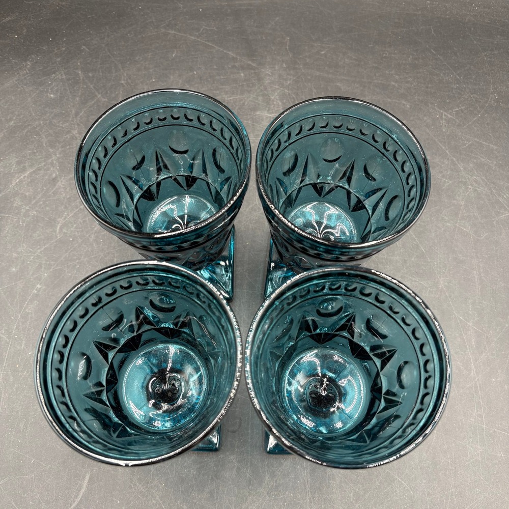 Vtg Indiana Park Lane Teal Blue Glassware 8pc Diamond Starburst Goblets Tumblers - Picture 2 of 13